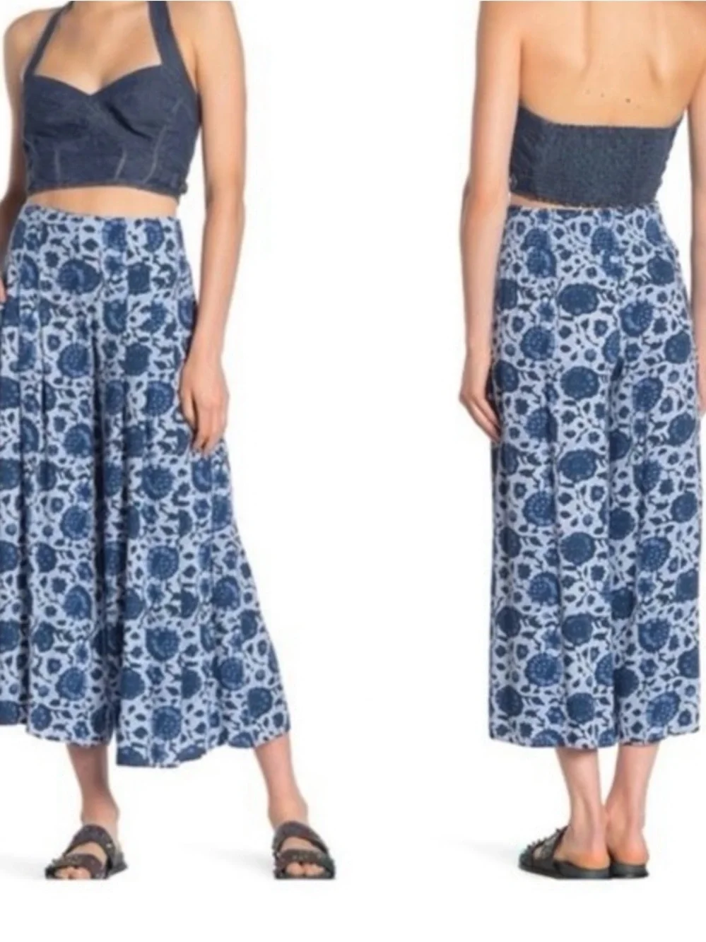 Free People Blue Floral Wide-Leg Crop Pants
